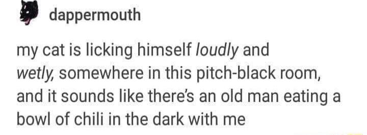 dappermouth my cat is licking himself Joudly and wetly somewhere in this pitch black room and it sounds like theres an old man eating a bowl of chili in the dark with me