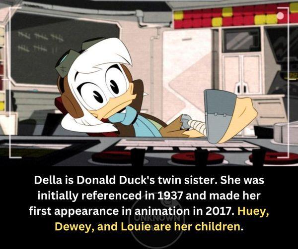Della is Donald Ducks twin sister She was GUENREEIER LN LR EREL LI EG LY T first appearance in animation in 2017 Huey Dewey and Louie are her children