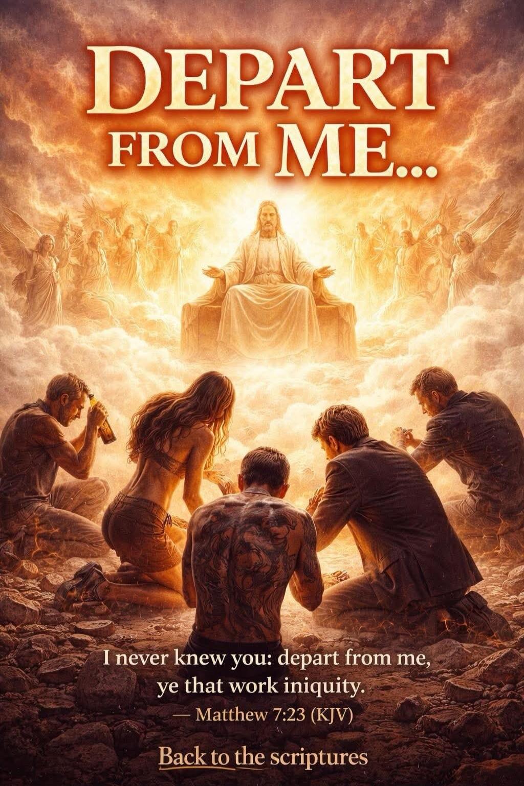DEPART FROM ME... I never knew you: depart from me, ye that work iniquity. — Matthew 7:23 (KJV) Back to the scriptures