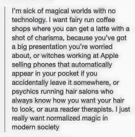 Im sick of magical worlds with no technology want fairy run coffee shops where you can get a latte with a shot of charisma because youve got a big presentation youre worried about or witches working at Apple selling phones that automatically appear in your pocket if you accidentally leave it somewhere or psychics running hair salons who always know how you want your hair to look or aura reader the