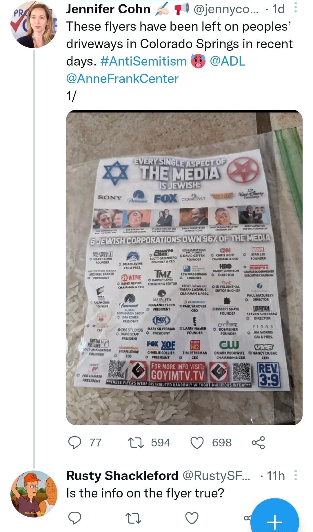 Jennifer Cohn 7 jennyco 1d These flyers have been left on peoples driveways in Colorado Springs in recent days AntiSemitism ADL AnneFrankCenter EWEWISHEORPORATIONSOWN Q7 M9 Qe Rusty Shackleford RustySF 11h Is the info on the flyer true 9 n Q L