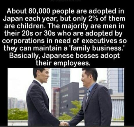 About 80000 people are adopted in Japan each year but only 2 of them are children The majority are men in LU TPV ER T RN T T L0 T R Y corporations in need of executives so JOEELTETRIETLER E TR TR EECN EESITEN AN ETEN R L EEEE R 6101 their employees