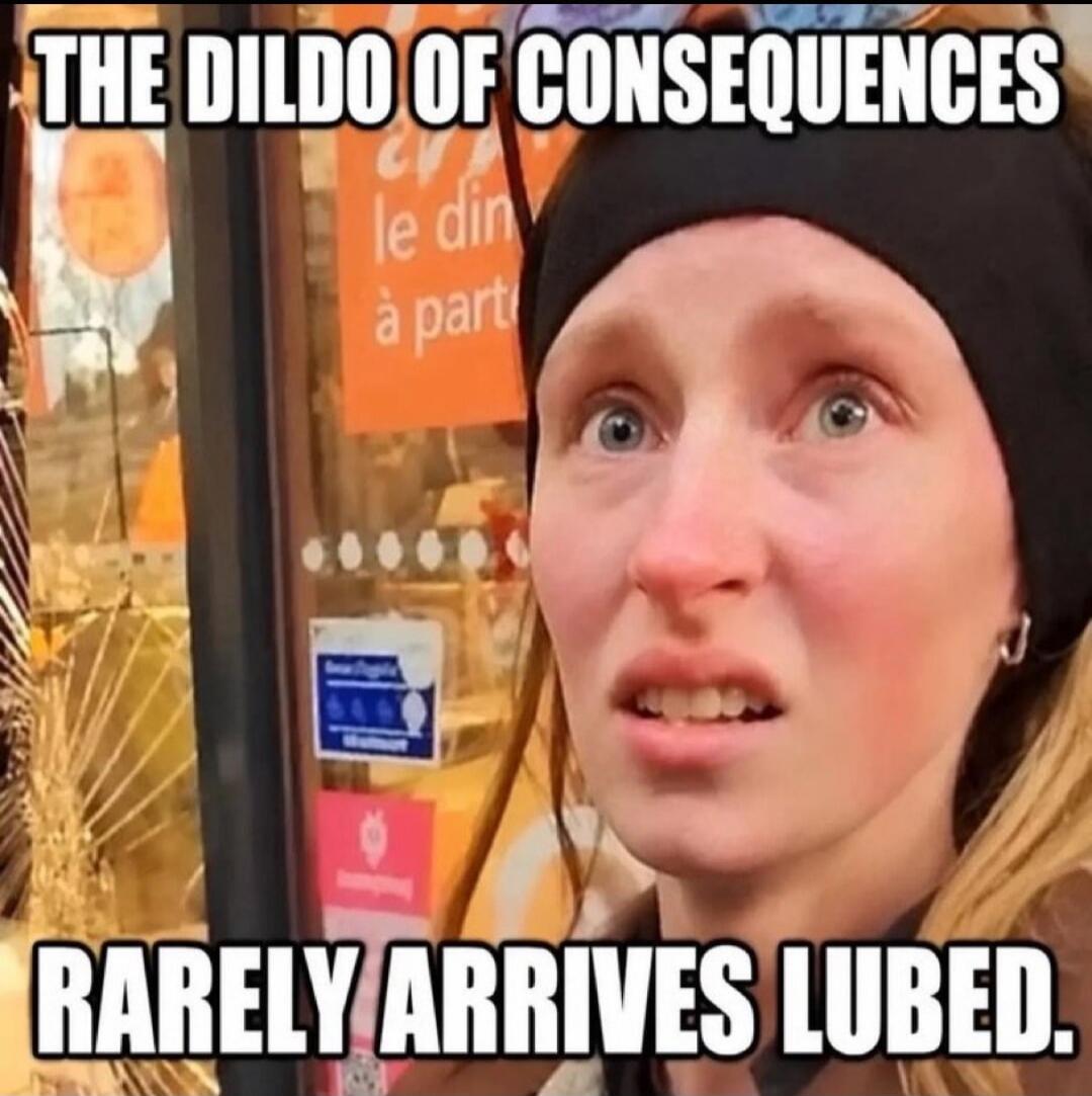 THE DILDO OF CONSEQUENCES RARELY ARRIVES LUBED.