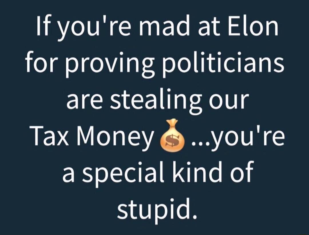 If youre mad at Elon for proving politicians are stealing our Tax Money youre a special kind of stupid