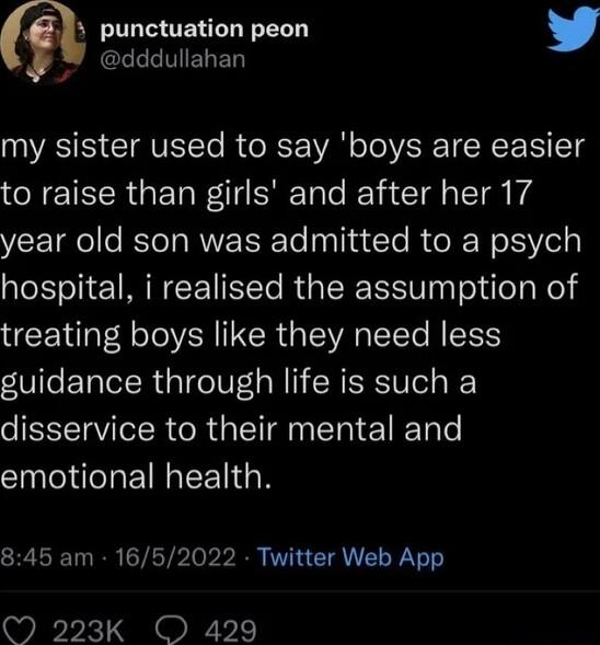 3 1 punctuation peon W dddullahan NVASS CIRTETo R o R o oV TR Td to raise than girls and after her 17 year old son was admitted to a psych hospital i realised the assumption of treating boys like they need less guidance through life is such a disservice to their mental and emotional health 845 am 1652022 Twitter Web App 223k O 429