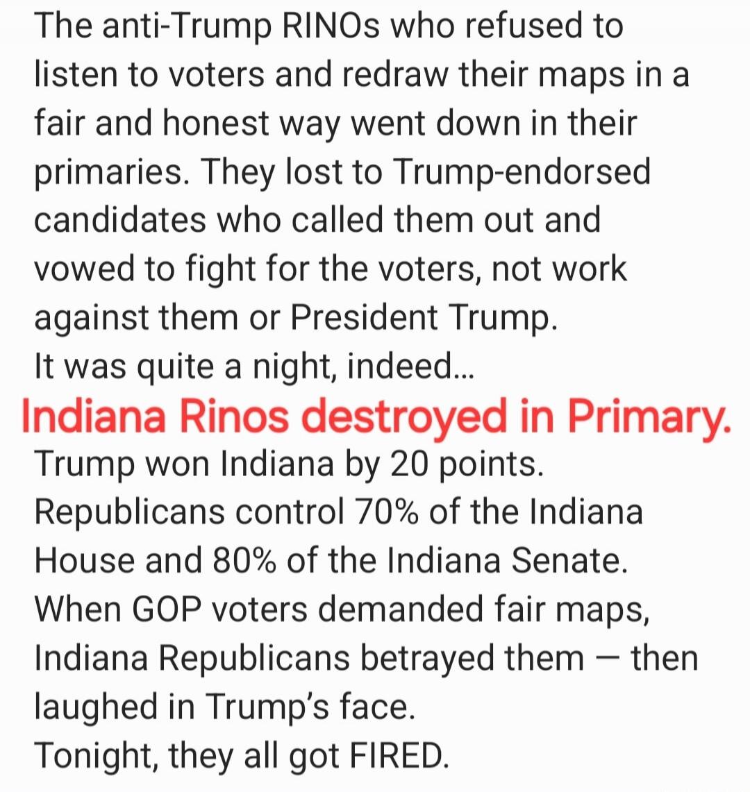 The anti-Trump RINOs who refused to listen to voters and redraw their maps in a fair and honest way went down in their primaries. They lost to Trump-endorsed candidates who called them out and vowed to fight for the voters, not work against them or President Trump. It was quite a night, indeed... Indiana Rinos destroyed in Primary. Trump won Indian