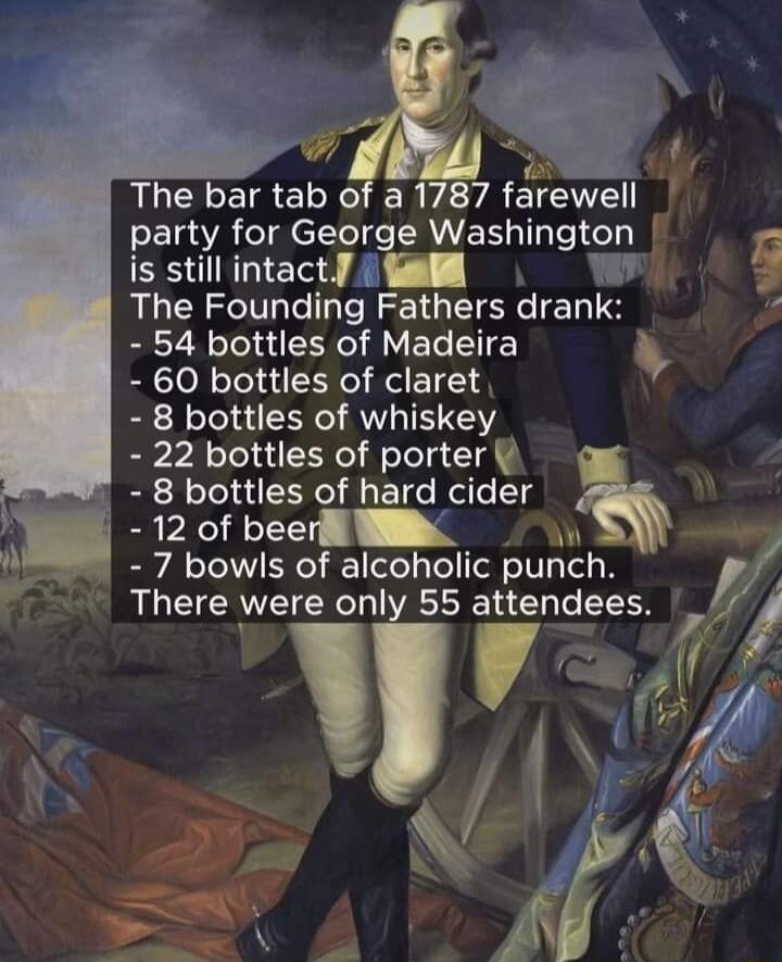 v The bar tab of a 1787 farewell party for George Washington is still intactJ Gl i g The Founding Fathers drank L 54 bottles of Madeira 60 bottles of claret 8 bottles of whiskey 22 bottles of porter 8 bottles of hard cider 12 of beerfll N W 7 bowls of alcoholic punch