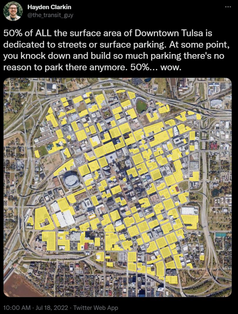 glmn 50 of ALL the surface area of Downtown Tulsa is dedicated to streets or surface parking At some point you knock down and build so much parking theres no reason to park there anymore 50 wow