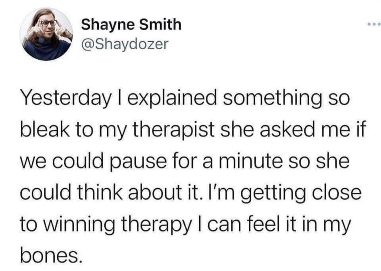 Shayne Smith Shaydozer Yesterday explained something so bleak to my therapist she asked me if we could pause for a minute so she could think about it Im getting close to winning therapy can feel it in my bones