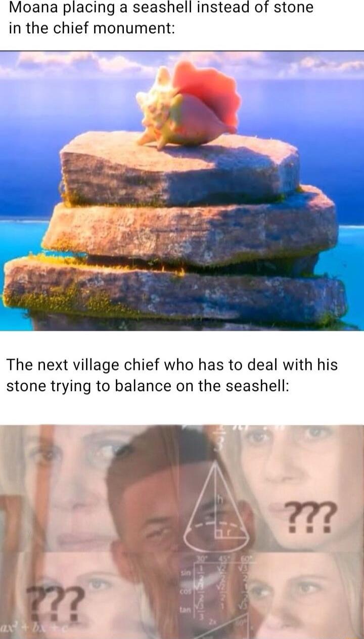 Moana placing a seashell instead of stone in the chief monument The next village chief who has to deal with his stone trying to balance on the seashell