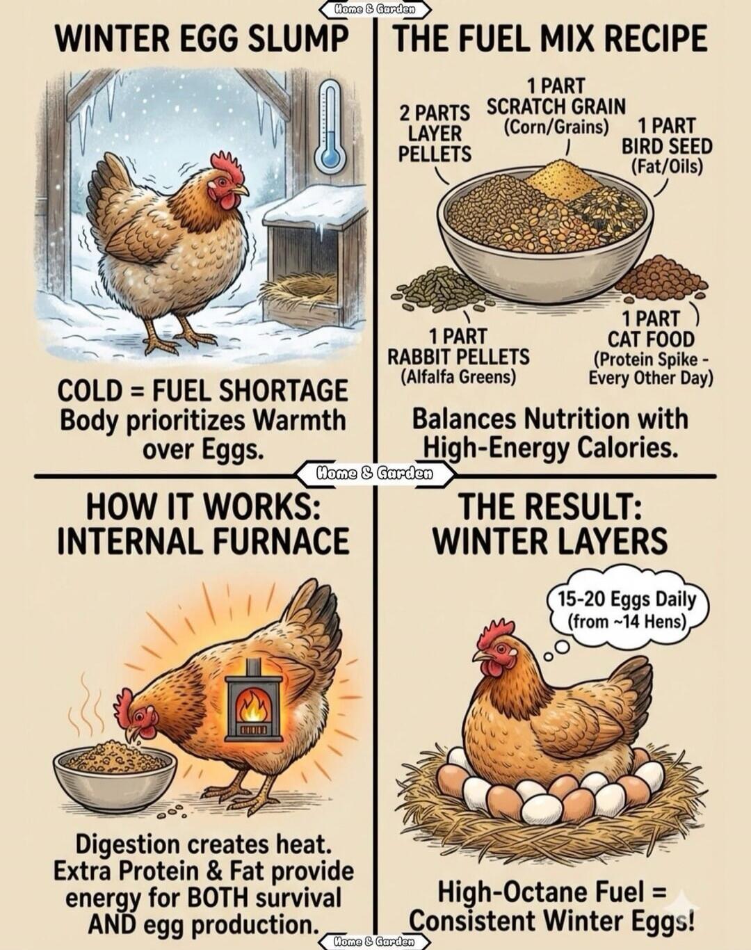 WINTER EGG SLUMP THE FUEL MIX RECIPE
COLD = FUEL SHORTAGE. Body prioritizes Warmth over Eggs.
HOW IT WORKS: INTERNAL FURNACE. Digestion creates heat. Extra Protein & Fat provide energy FOR BOTH survival AND egg production.
THE FUEL MIX RECIPE
1 PART SCRATCH GRAIN (Corn/Grains)
2 PARTS LAYER PELLETS
1 PART BIRD SEED (Fat/Oils)
1 PART CAT FOOD (Prote