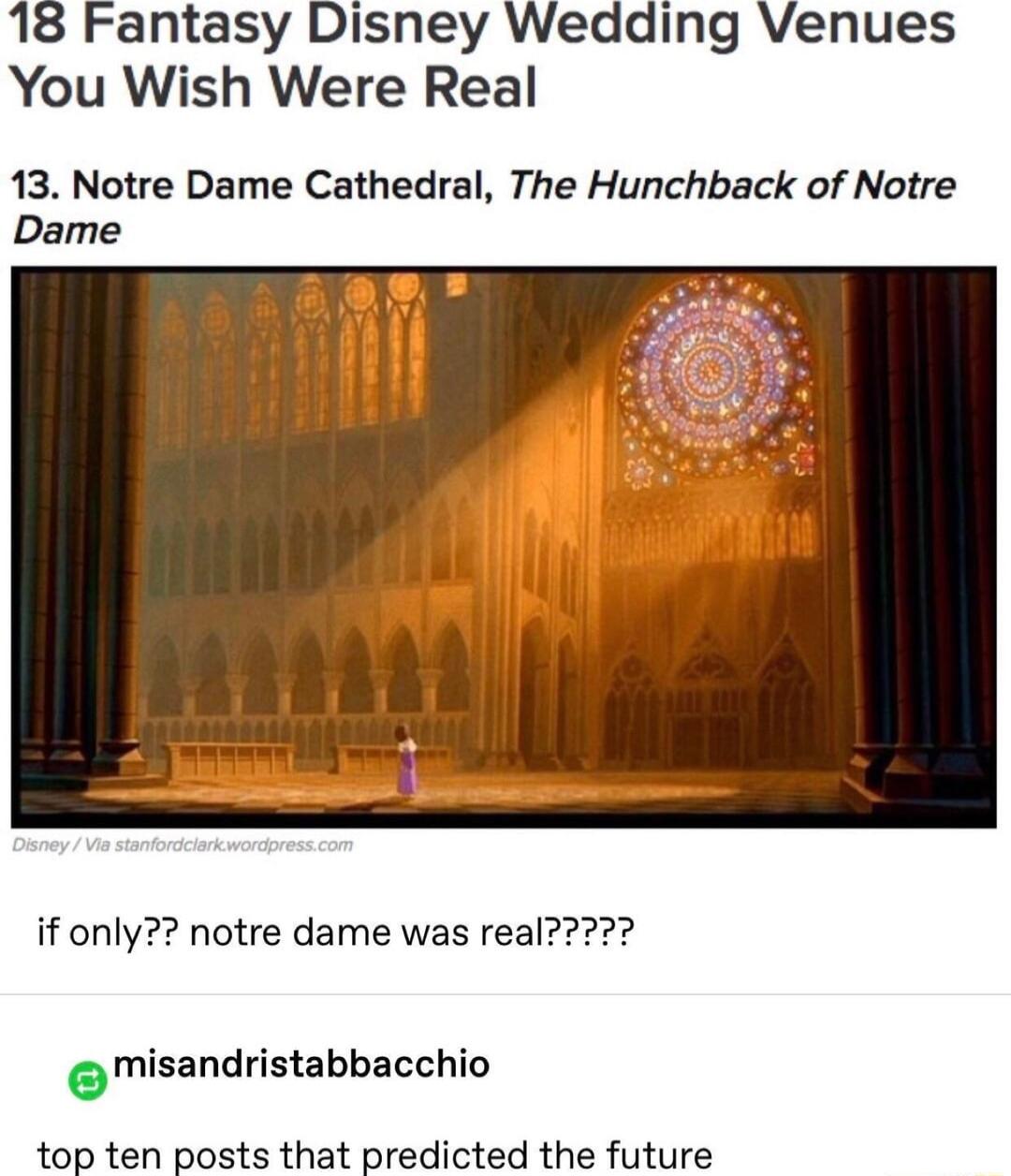 18 Fantasy Disney Wedding Venues You Wish Were Real 13 Notre Dame Cathedral The Hunchback of Notre Dame omisandristabbacchio top ten posts that predicted the future