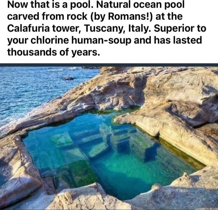 Now that is a pool Natural ocean pool carved from rock by Romans at the Calafuria tower Tuscany Italy Superior to your chlorine human soup and has lasted thousands of years