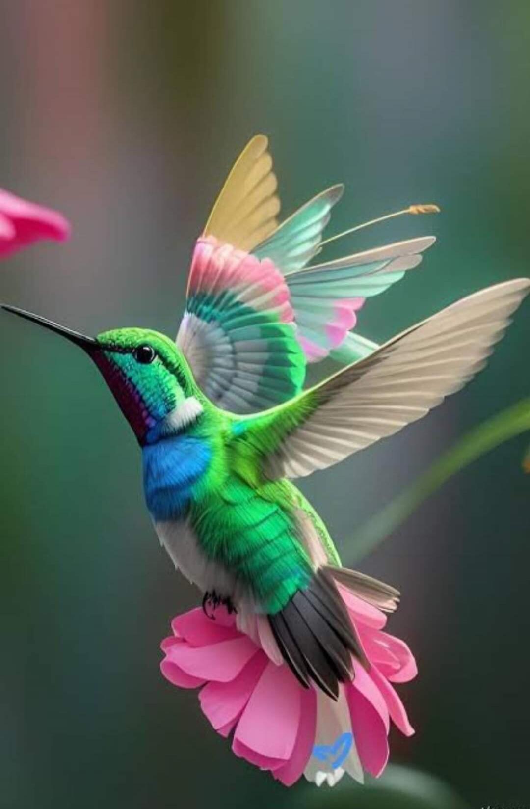 A hummingbird hovering near a flower.