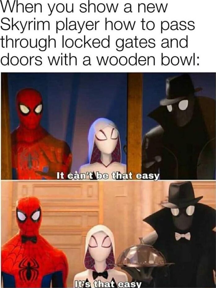 VWhen you show a new Skyrim player how to pass hrough locked gates and doors with a wooden bowl Ve 1 AL Ity at hat lejxsv