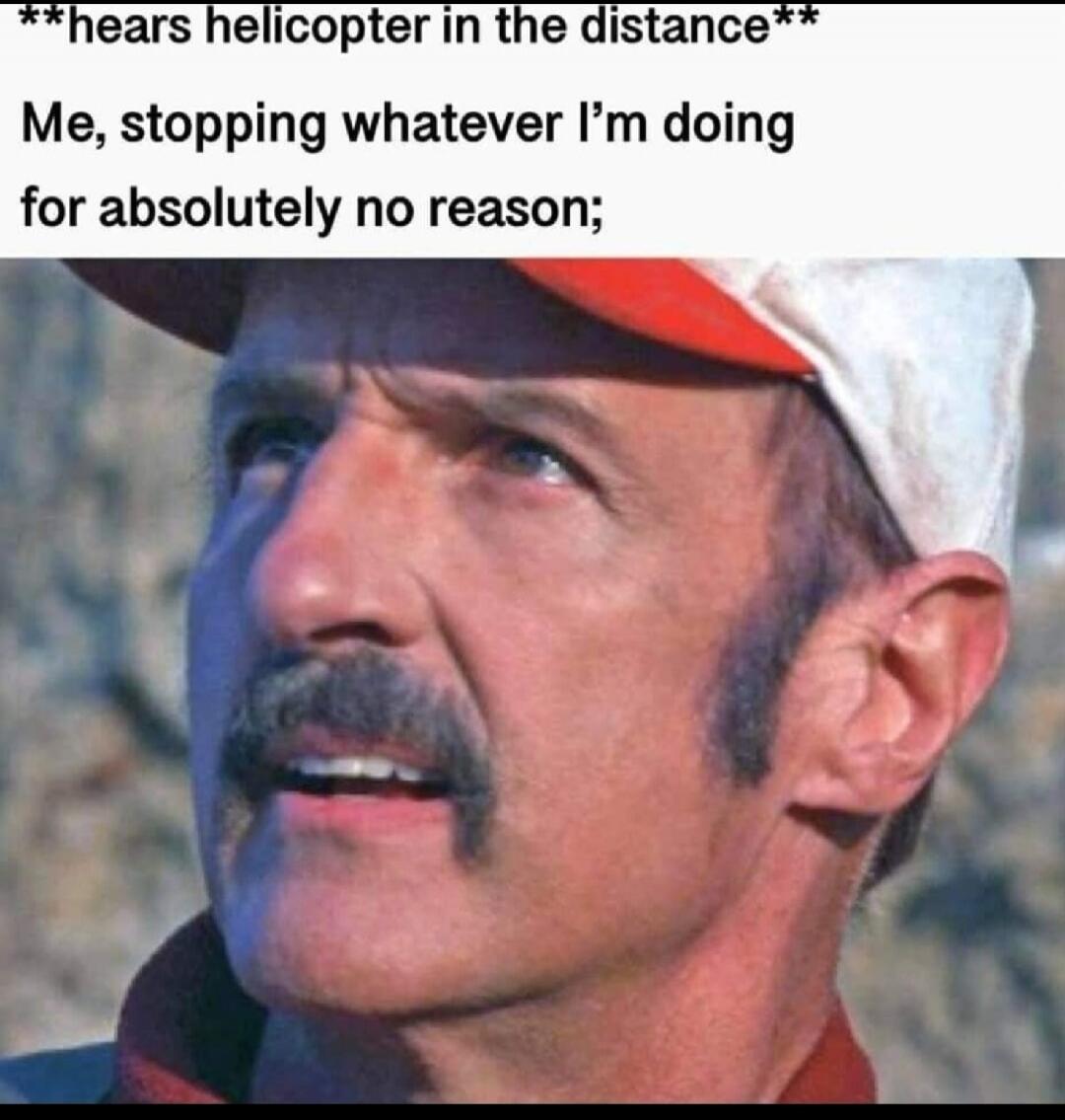 **hears helicopter in the distance** Me, stopping whatever I'm doing for absolutely no reason;