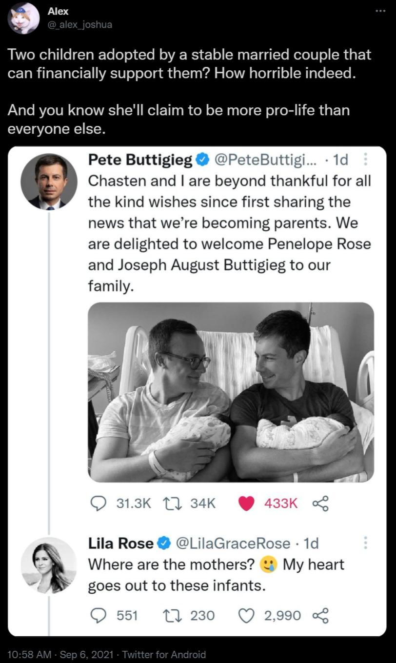 a Alex RV oXelgl1le To Yoo o1 Te M oV 21 o N 1y Y g Yo ol 1 ol SR g o1 o 1A R T E1YRSIU o ool g u g 1T g0 ll o oA VoY g1 o1 M1 Vo YTe And you know shell claim to be more pro life than everyone else Pete Buttigieg PeteButtigi 1d 9 Chasten and are beyond thankful for all 4 the kind wishes since first sharing the news that were becoming parents We are delighted to welcome Penelope Rose and Joseph Aug