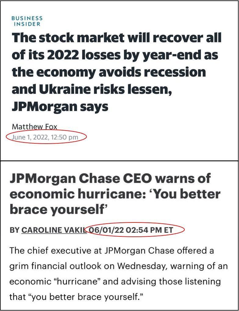 BUSINESS INSIDER The stock market will recover all of its 2022 losses by year end as the economy avoids recession and Ukraine risks lessen JPMorgan says Matthew Fox June 1 2022 1250 pm JPMorgan Chase CEO warns of economic hurricane You better brace yourself BY CAROLINE VAKIKQ60122 0254 PM ET The chief executive at JPMorgan Chase offered a grim financial outlook on Wednesday warning of an economic 