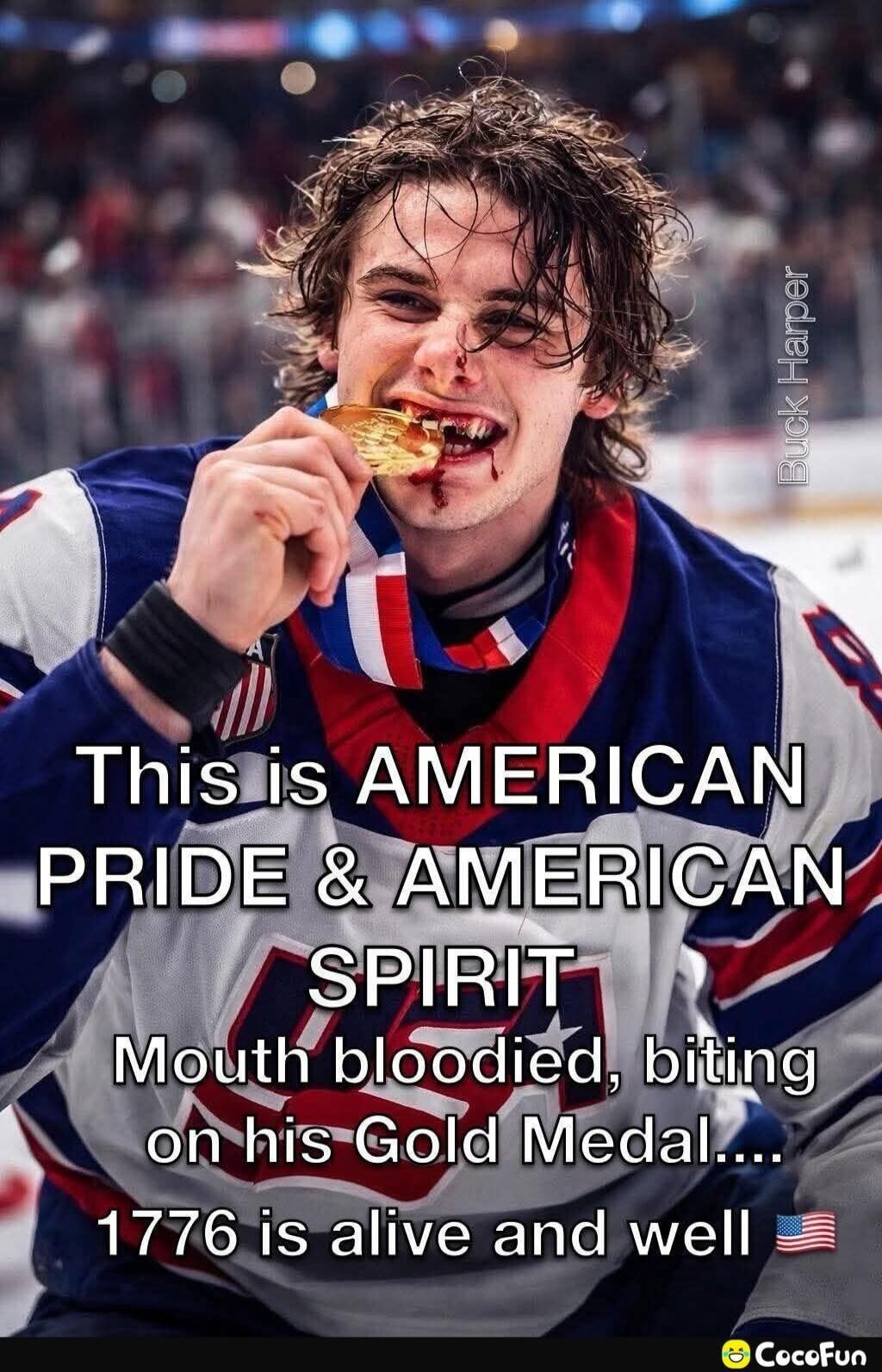 This is AMERICAN PRIDE & AMERICAN SPIRIT Mouth bloodied, biting on his Gold Medal.... 1776 is alive and well 🇺🇸