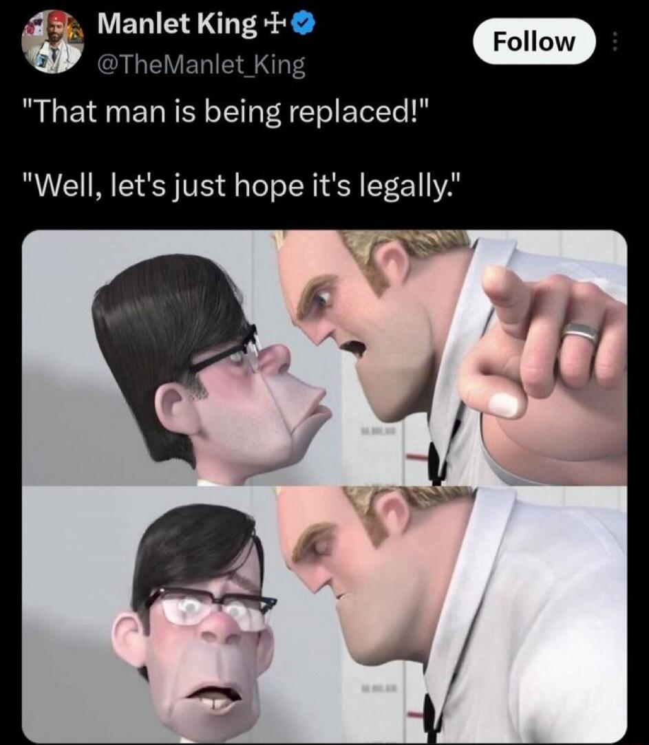 That man is being replaced! Well, let's just hope it's legally. The meme shows Mr. Incredible aggressively pointing at his boss, who looks shocked and then concerned. This format is often used to depict a tense or awkward conversation about someone being replaced, with a humorous or dark twist.