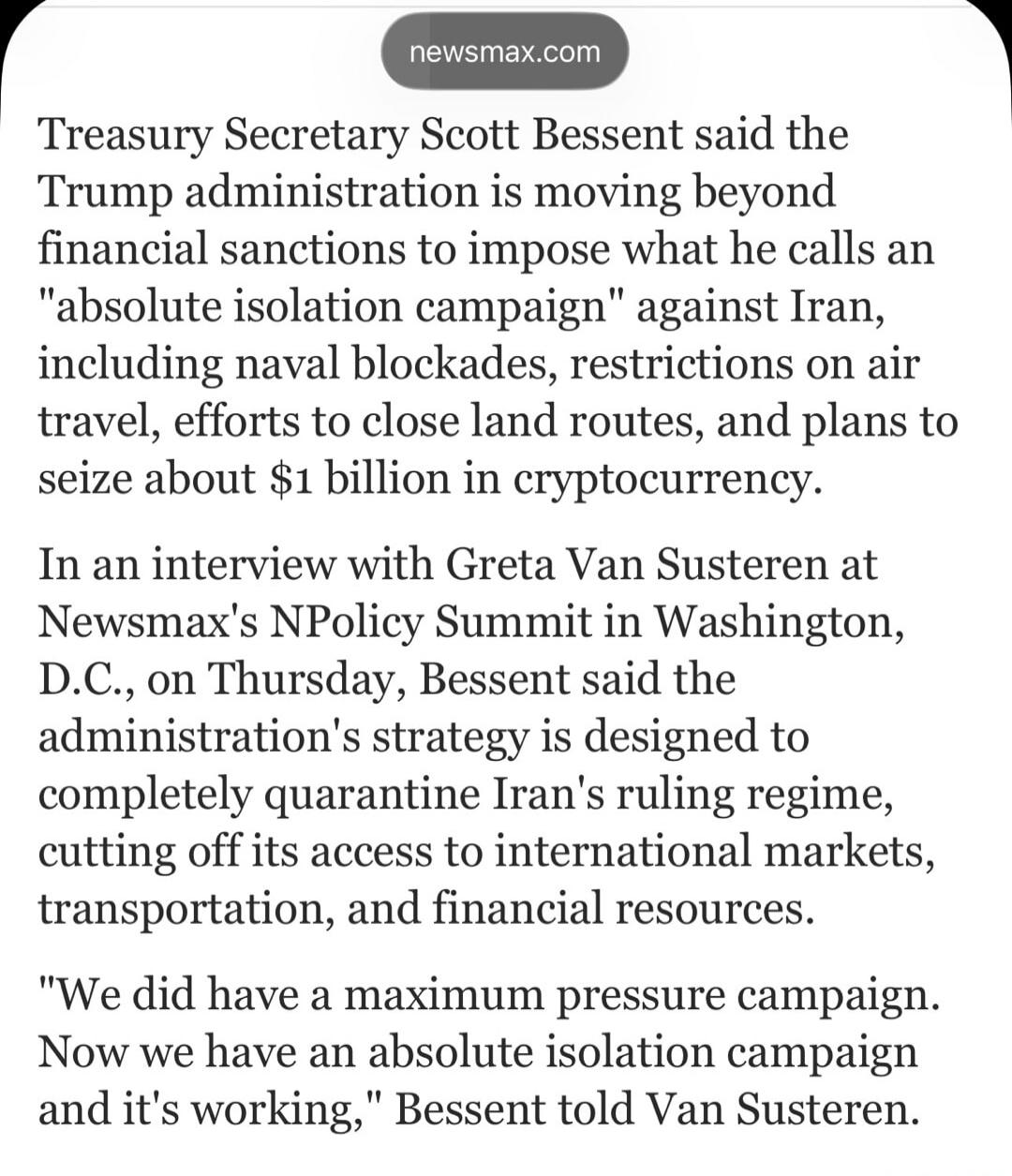 newsmax.com
Treasury Secretary Scott Bessent said the Trump administration is moving beyond financial sanctions to impose what he calls an 