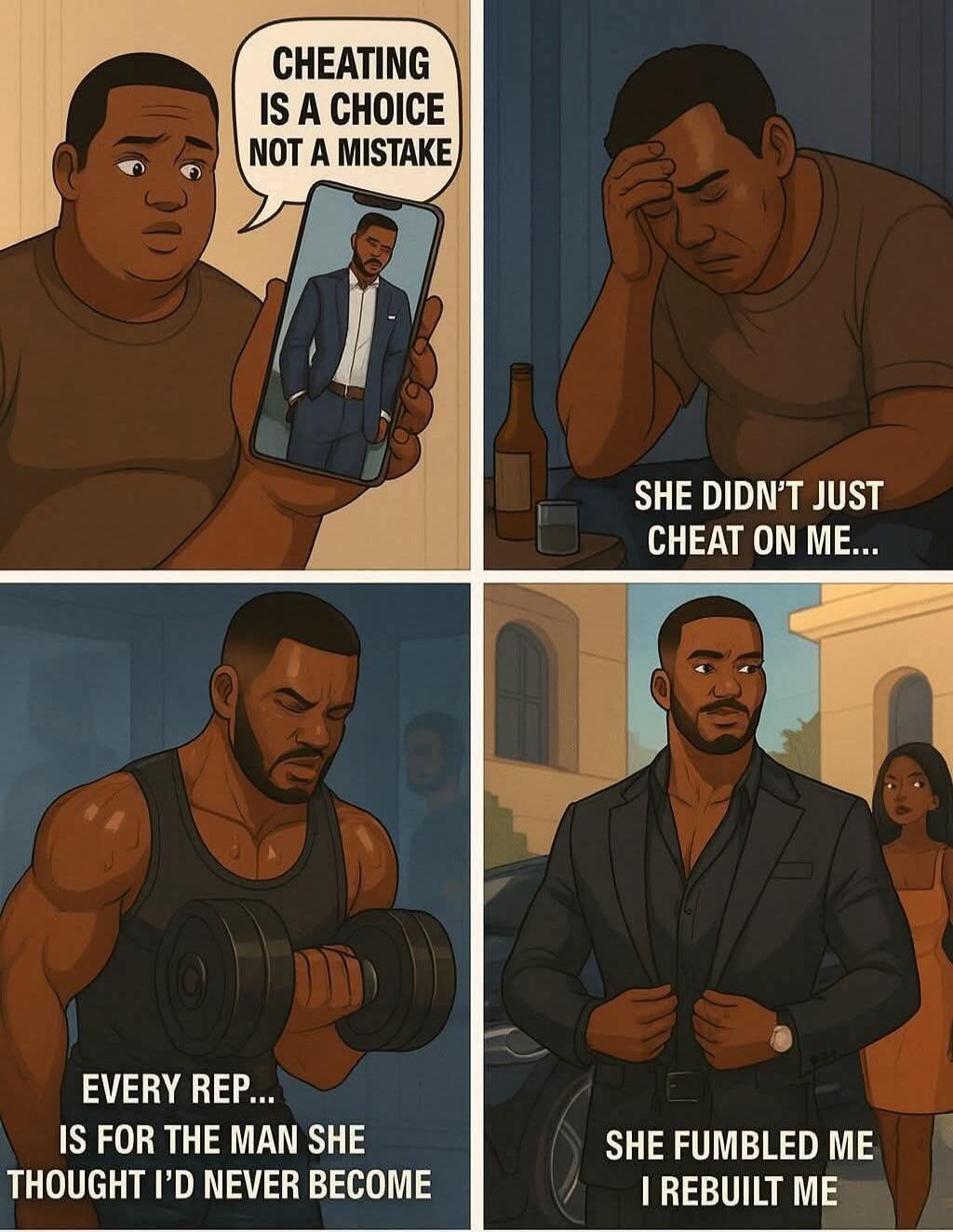 CHEATING IS A CHOICE NOT A MISTAKE
SHE DIDN'T JUST CHEAT ON ME...
EVERY REP... IS FOR THE MAN SHE THOUGHT I'D NEVER BECOME
SHE FUMBLED ME I REBUILT ME