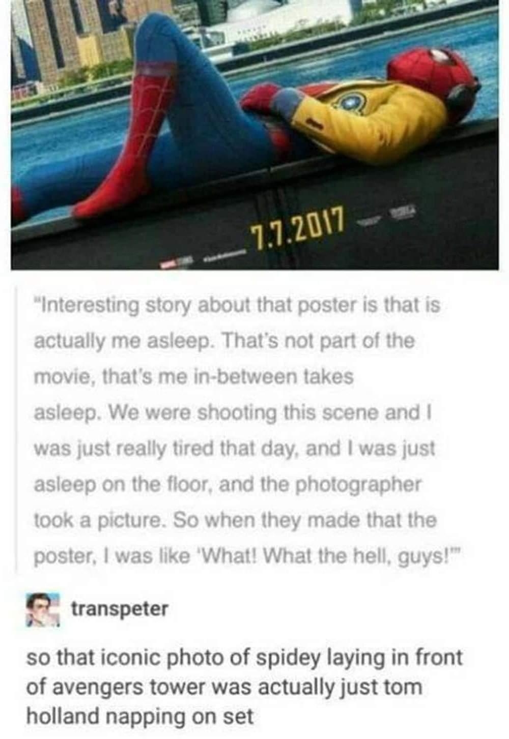 transpeter so that iconic photo of spidey laying in front of avengers tower was actually just tom holland napping on set