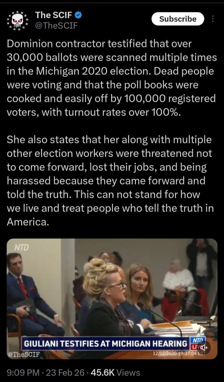 Dominion contractor testified that over 30,000 ballots were scanned multiple times in the Michigan 2020 election. Dead people were voting and that the poll books were cooked and easily off by 100,000 registered voters, with turnout rates over 100%. She also states that her along with multiple other election workers were threatened not to come forwa