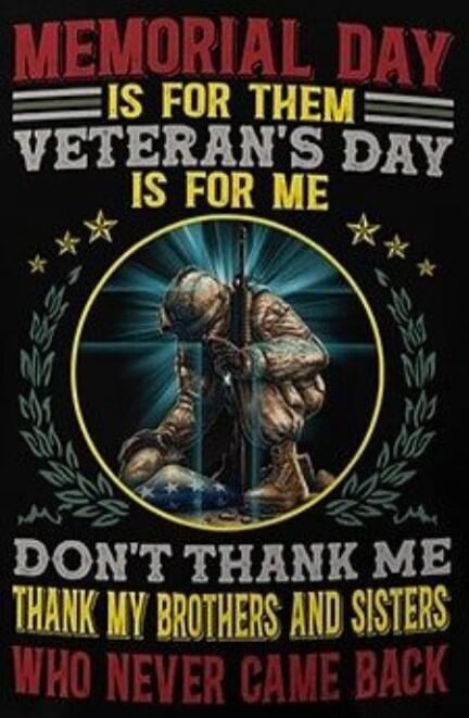 MEMORIAL DAY IS FOR THEM VETERAN'S DAY IS FOR ME DON'T THANK ME THANK MY BROTHERS AND SISTERS WHO NEVER CAME BACK