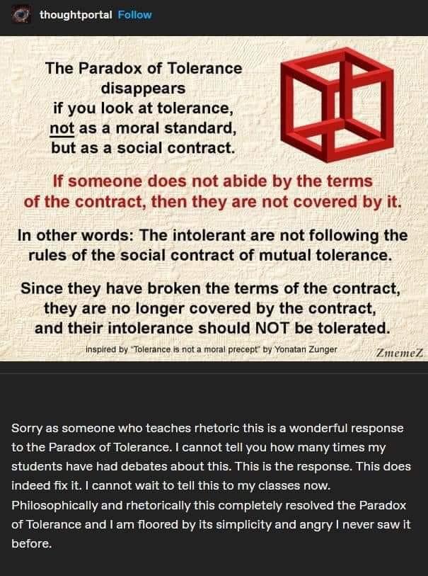 thoughtportal The Paradox of Tolerance T disappears if you look at tolerance not as a moral standard l but as a social contract If someone does not abide by the terms of the contract then they are not covered by it In other words The intolerant are not following the rules of the social contract of mutual tolerance Since they have broken the terms of the contract they are no longer covered by the c