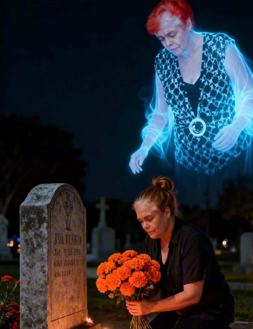 A woman kneels at a grave in a cemetery at night, placing orange flowers. Above her, a glowing, translucent figure of an older woman, possibly a ghost, looks down.