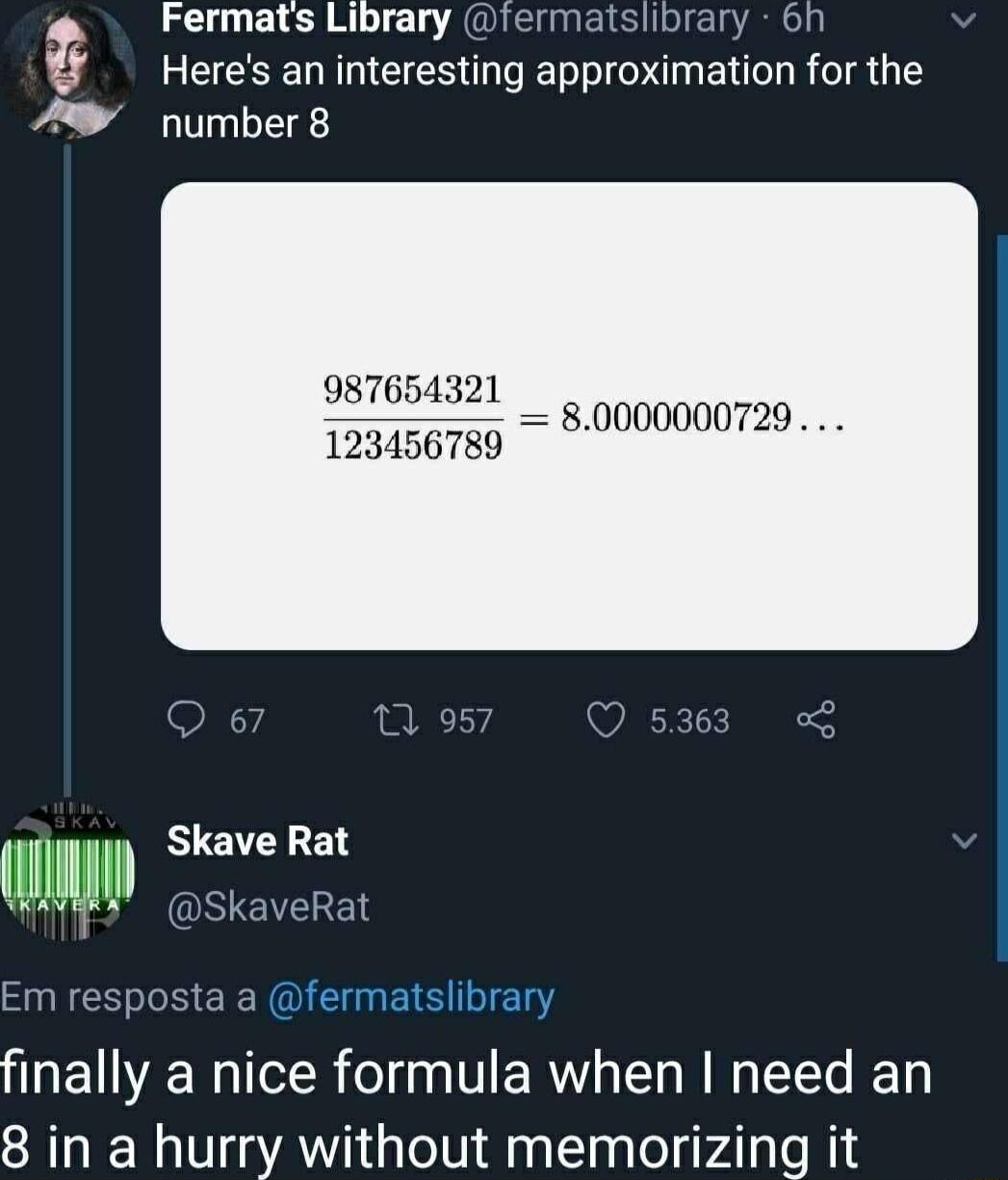 Fermats Library fermatslibrary 6h a ECEENIEESOUELOTNEIRHEGES number 8 0000000729 Skave Rat 3 Skav finally a nice formula when need an 8 in a hurry without memorizing it