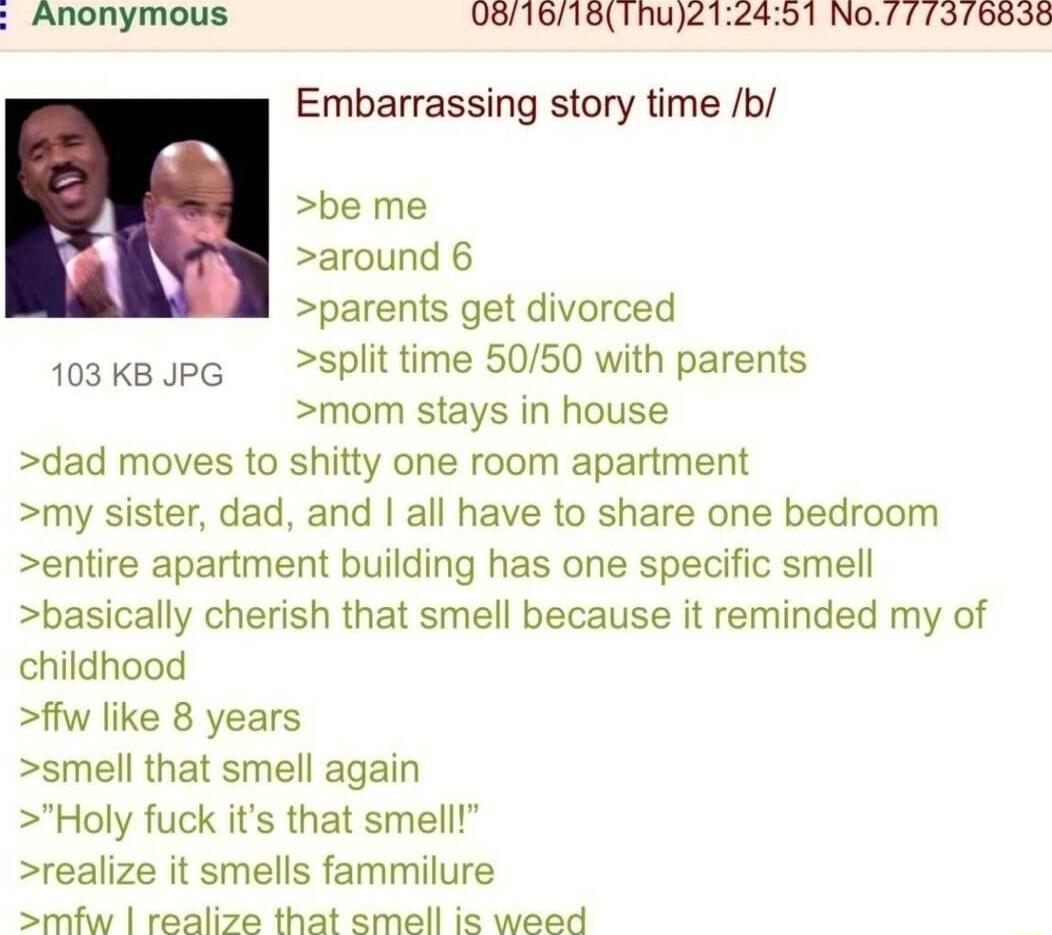 Anonymous 081618Thu212451 No7 77576838 Embarrassing story time b be me around 6 parents get divorced 103KkeopG Splittime 5050 with parents mom stays in house dad moves to shitty one room apartment my sister dad and all have to share one bedroom entire apartment building has one specific smell basically cherish that smell because it reminded my of childhood ffw like 8 years smell that smell again H