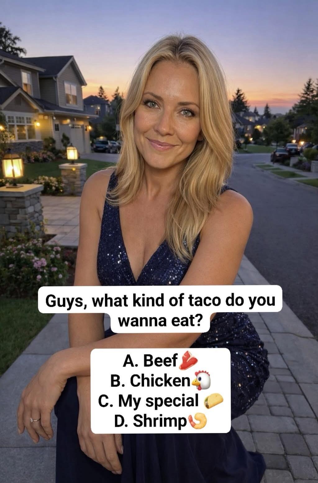 Guys, what kind of taco do you wanna eat? A. Beef B. Chicken C. My special D. Shrimp