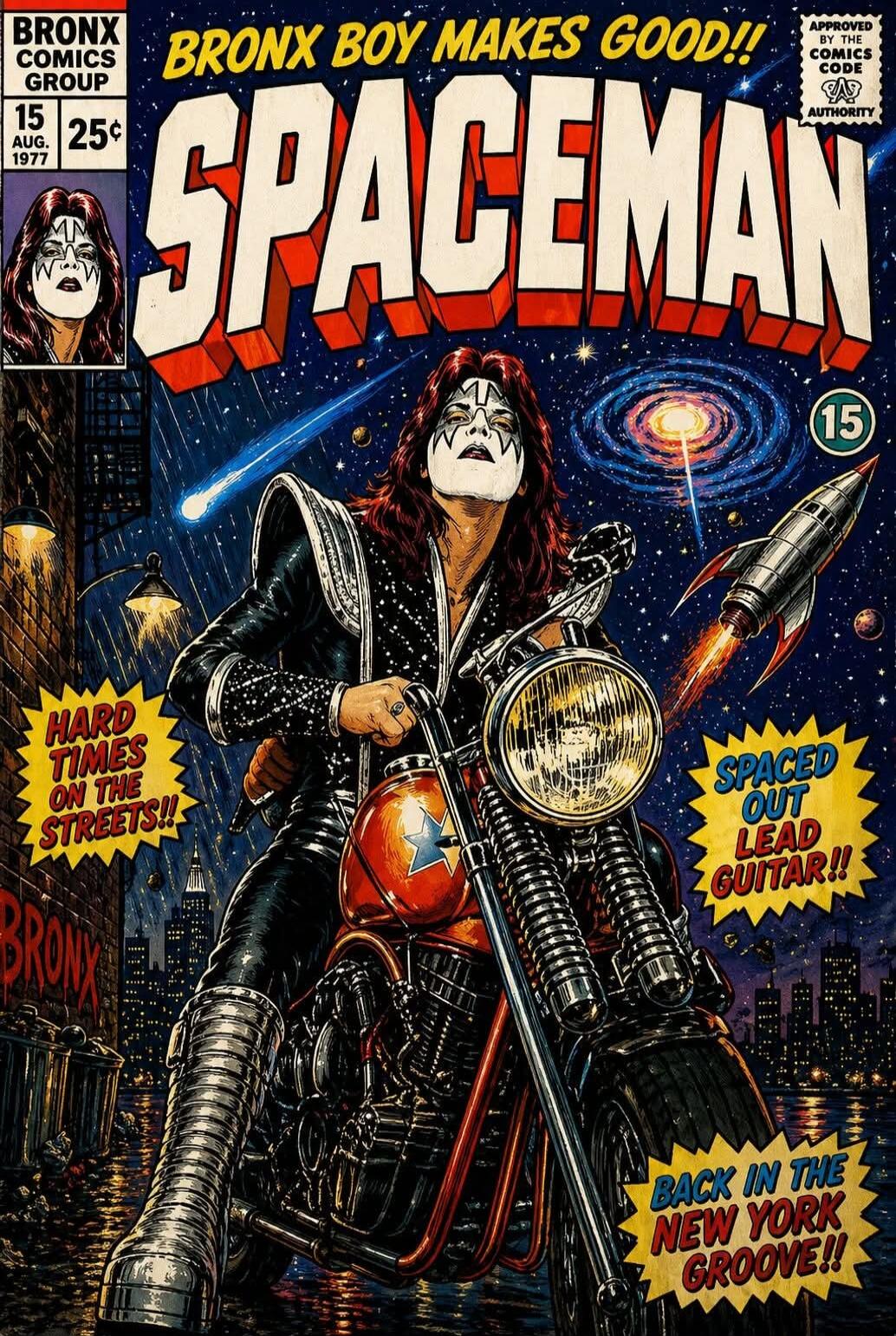 BRONX COMICS GROUP 15 25¢ AUG. 1977 BRONX BOY MAKES GOOD!! SPACEMAN APPROVED BY THE COMICS CODE AUTHORITY HARD TIMES ON THE STREETS!! SPACED OUT LEAD GUITAR!! BACK IN THE NEW YORK GROOVE!! BRONX 15