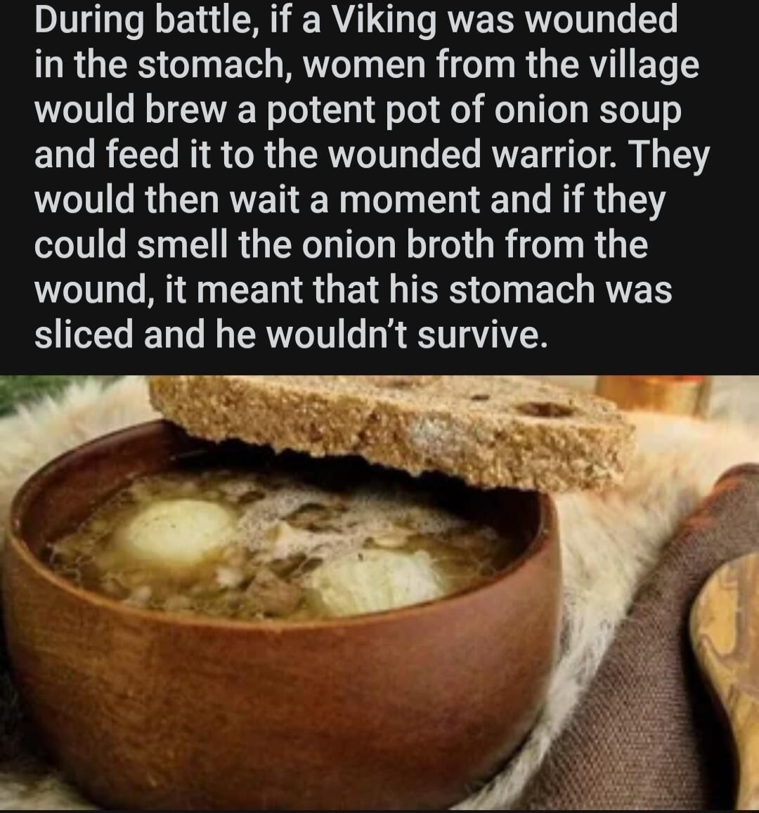 During battle if a Viking was wounded in the stomach women from the village would brew a potent pot of onion soup EULRCEL RS R GERTLITL G Y AR T A 1 T would then wait a moment and if they could smell the onion broth from the VLT A G EEIN R GE IR I ET RVEN sliced and he wouldnt survive