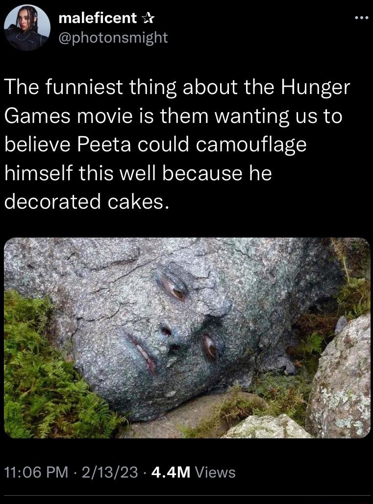 maleficent 2 photonsmight The funniest thing about the Hunger ST IR TelV IR R G IY o AWV T F RVER o believe Peeta could camouflage himself this well because he decorated cakes 1106 PM 21323 44M Views