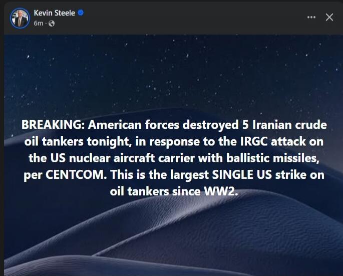 BREAKING: American forces destroyed 5 Iranian crude oil tankers tonight, in response to the IRGC attack on the US nuclear aircraft carrier with ballistic missiles, per CENTCOM. This is the largest SINGLE US strike on oil tankers since WW2.
