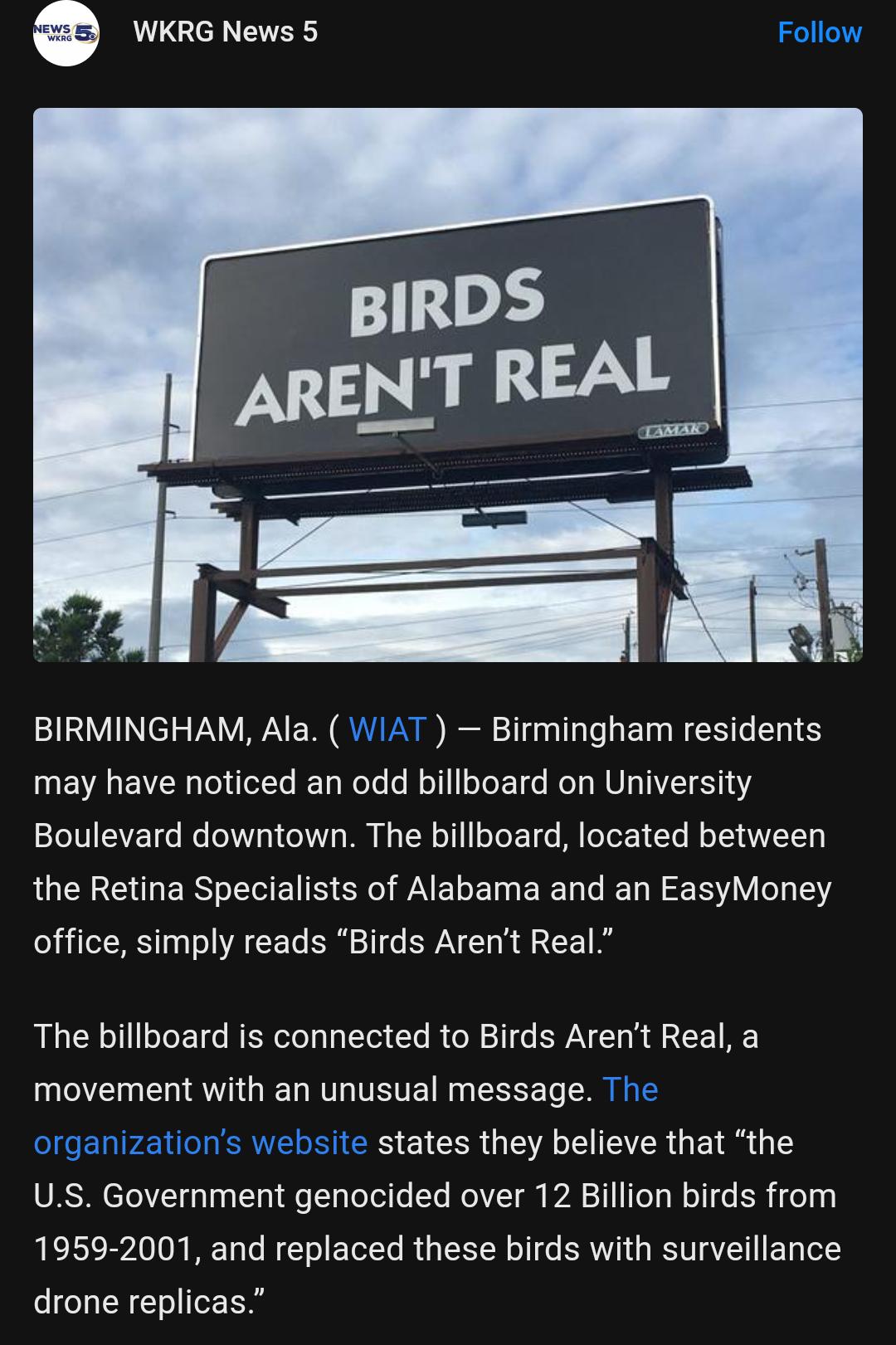 BIRMINGHAM Ala Birmingham residents D0 EVA N gTo dfofYe ITgWoTe o Mol oTeF 1e o WU o A1 65710 STeYV1 31 o Mo o2 VA 1Y o3 VA VOB I a Y o 11 Yo oY o MM Yoo Yo M o YL AWVZETETA the Retina Specialists of Alabama and an EasyMoney o R eTWY 1091 o VA o SR 11 s WAV T Al R Y 1 The billboard is connected to Birds Arent Real a movement with an unusual message S EICERGEA ISR El g1 URSINCTo gal g U o e TgToToi