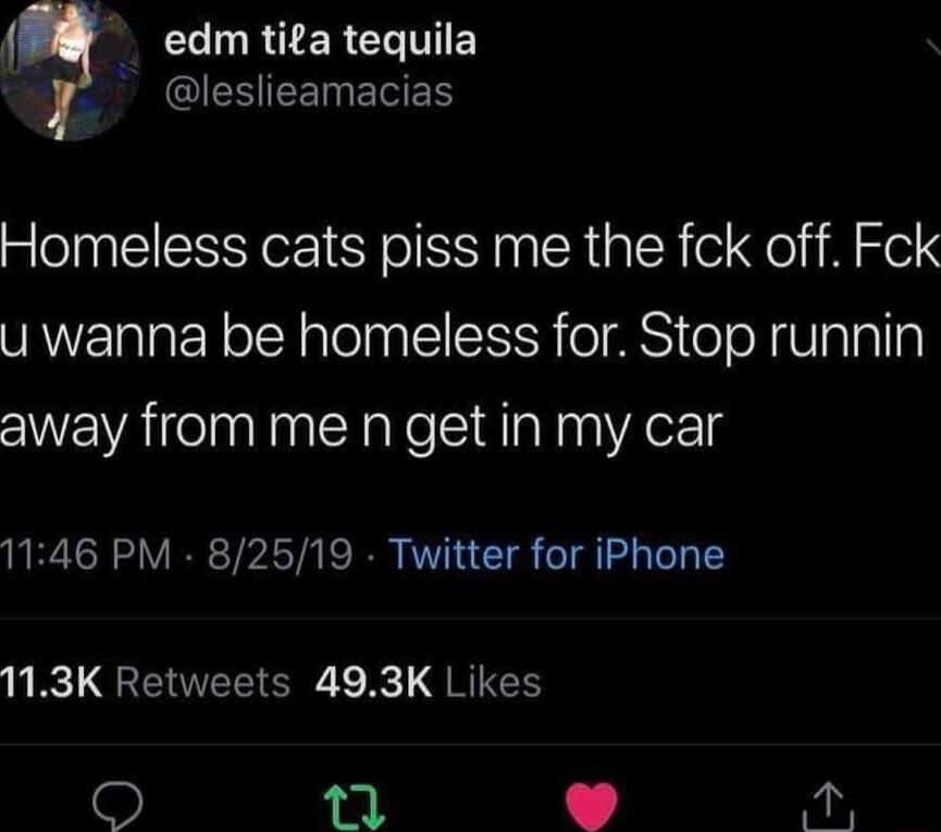 R ER CTITEY PGSR ETEN Homeless cats piss me the fck off Fck U wanna be homeless for Stop runnin away from me n get in my car 1146 PM 82619 Twitter for iPhone 113K Retweets 493K Likes i 1 8 K