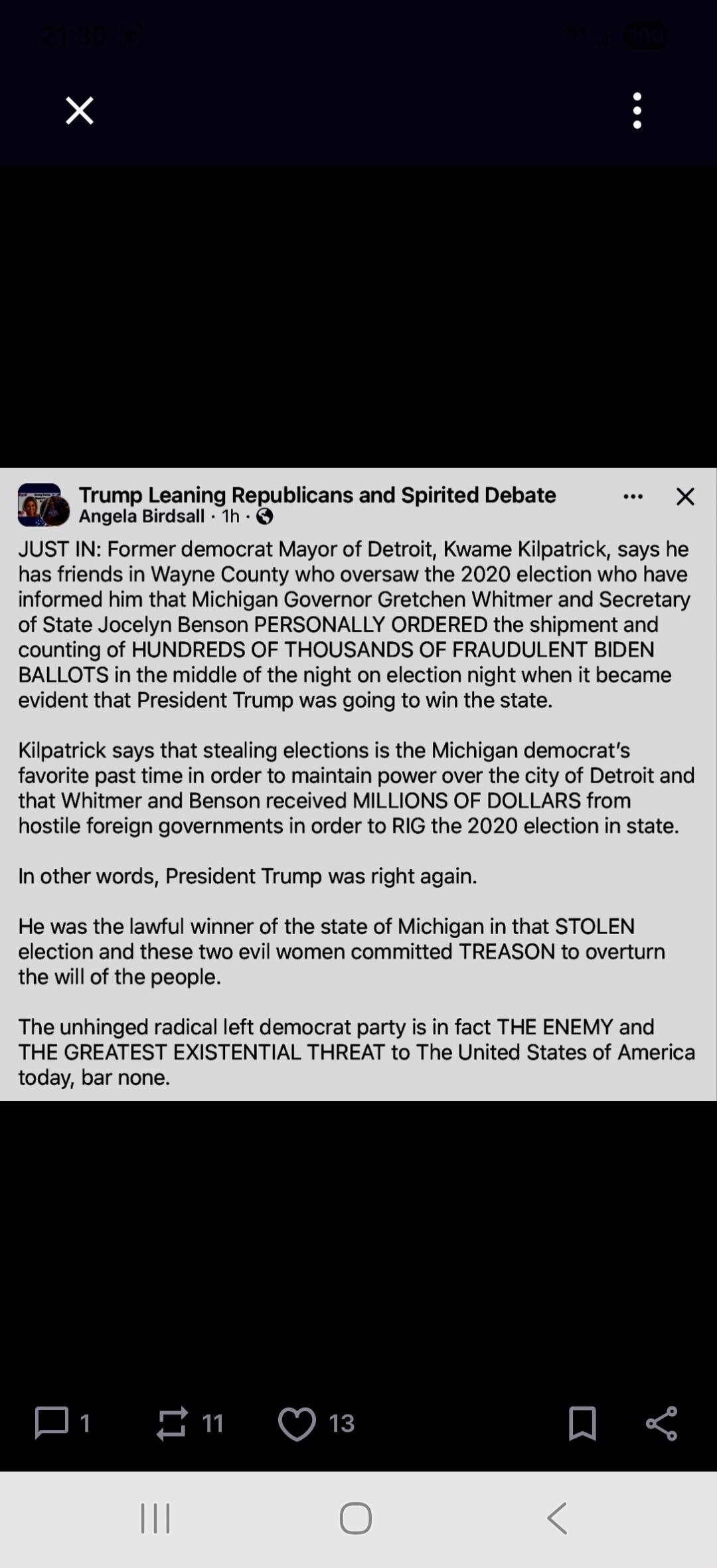 JUST IN: Former democrat Mayor of Detroit, Kwame Kilpatrick, says he has friends in Wayne County who oversaw the 2020 election who have informed him that Michigan Governor Gretchen Whitmer and Secretary of State Jocelyn Benson PERSONALLY ORDERED the shipment and counting of HUNDREDS OF THOUSANDS OF FRAUDULENT BIDEN BALLOTS in the middle of the nigh