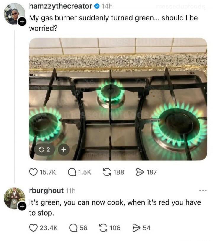 My gas burner suddenly turned green... should I be worried? It's green, you can now cook, when it's red you have to stop.