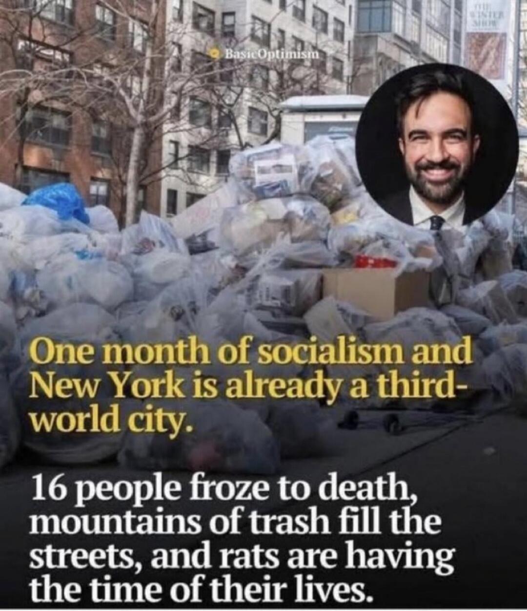 One month of socialism and New York is already a third-world city. 16 people froze to death, mountains of trash fill the streets, and rats are having the time of their lives.
