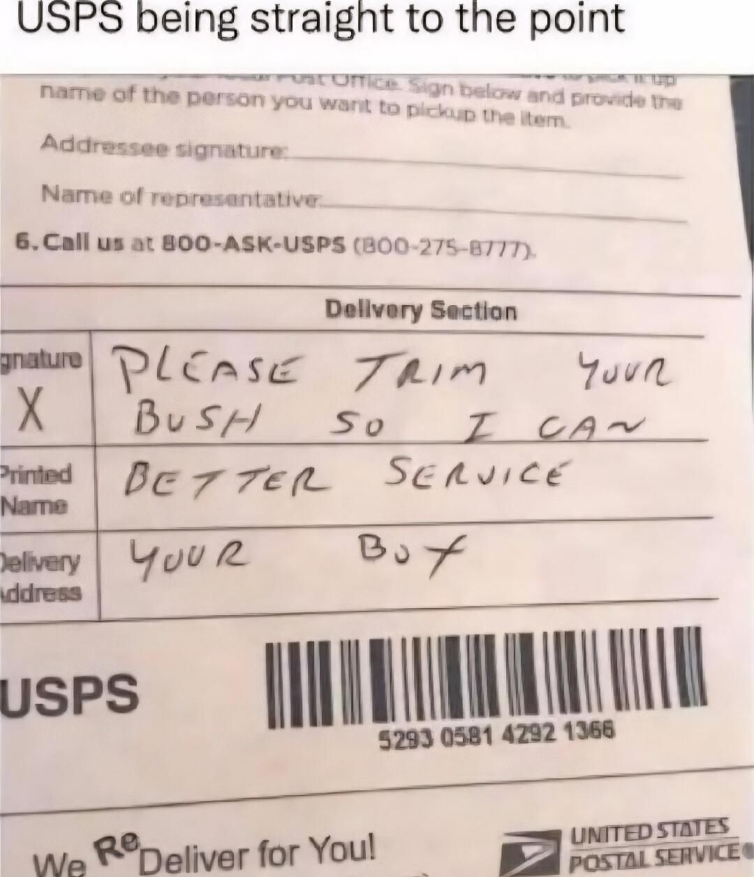 PLEASE TRAIN YOUR BUSH SO I CAN BETTER SERVICE YOUR BUD