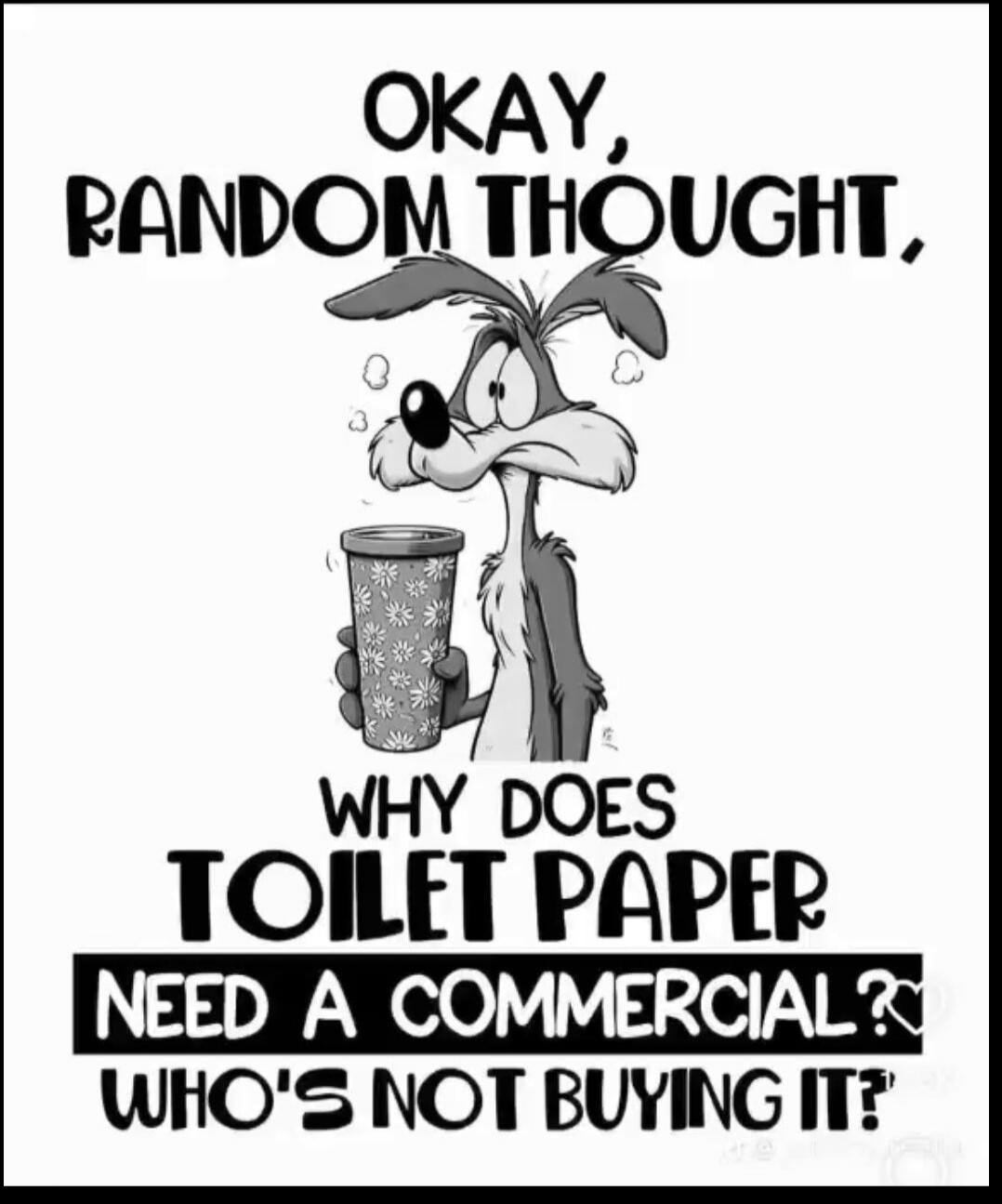 OKAY, RANDOM THOUGHT, WHY DOES TOILET PAPER NEED A COMMERCIAL? WHO'S NOT BUYING IT?