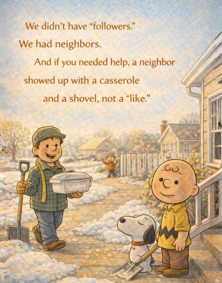 We didn't have “followers.”
We had neighbors.
And if you needed help, a neighbor
showed up with a casserole
and a shovel, not a “like.”