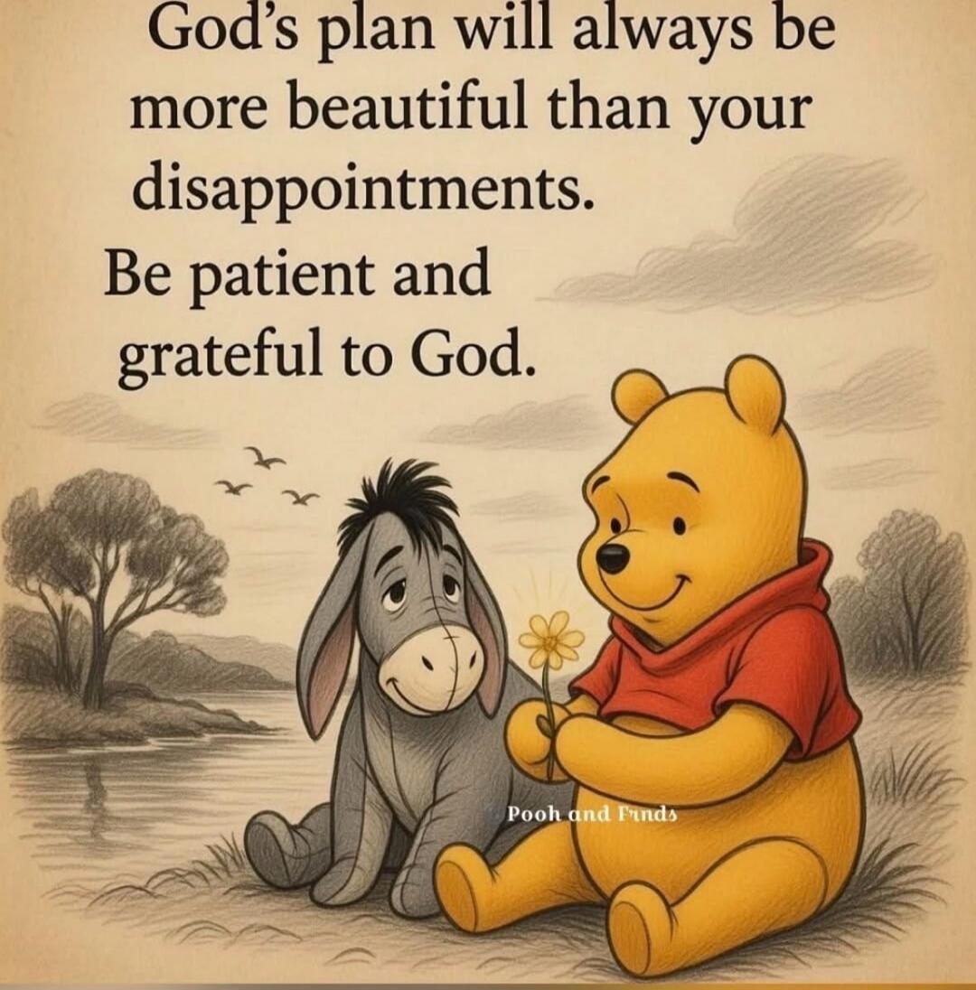 God's plan will always be more beautiful than your disappointments. Be patient and grateful to God. Pooh and Friends