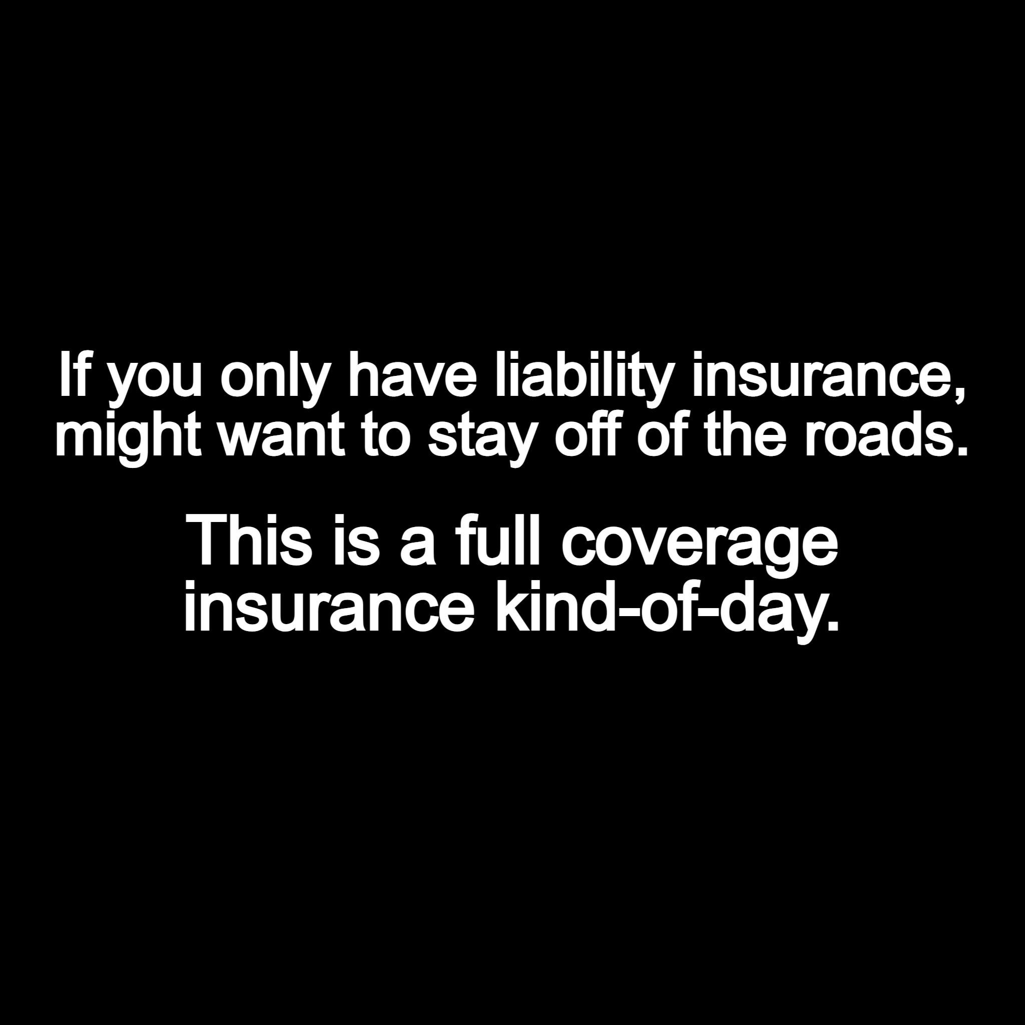 If you only have liability insurance might want to stay off of the roads This is a full coverage insurance kind of day