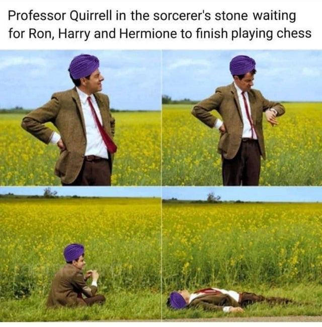 Professor Quirrell in the sorcerers stone waiting for Ron Harry and Hermione to finish playing chess