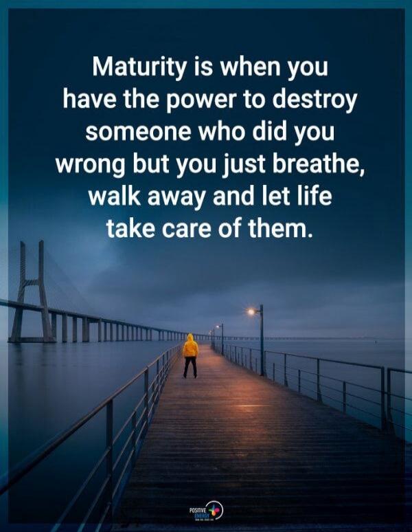 Maturity is when you have the power to destroy someone who did you wrong but you just breathe, walk away and let life take care of them.